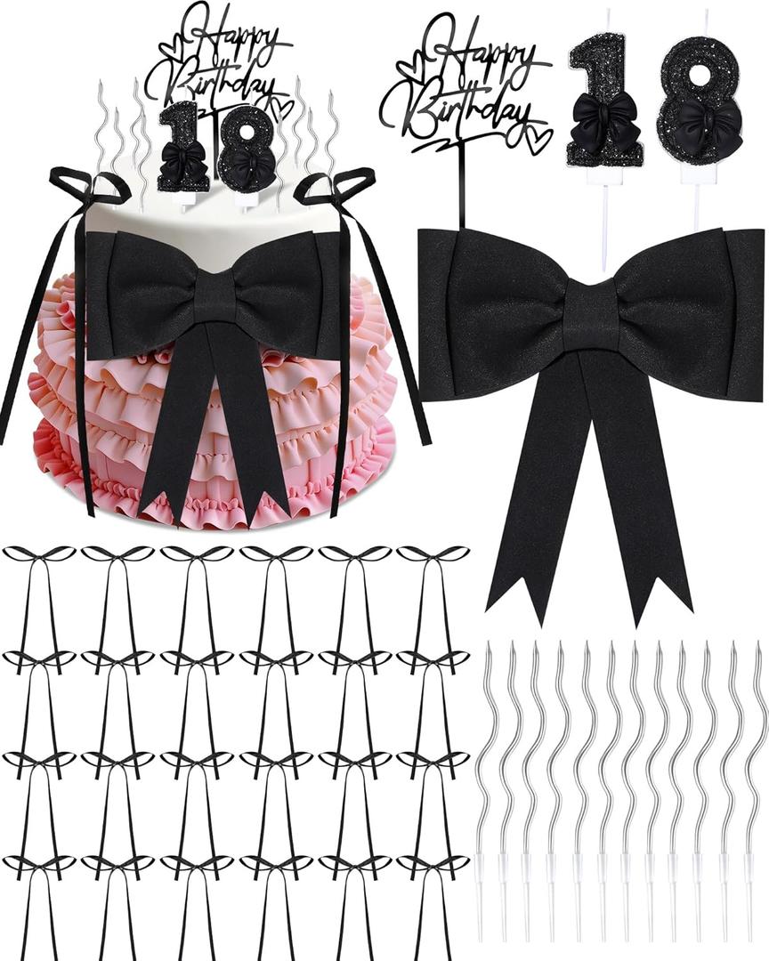 40 Pcs Coquette Happy Birthday Cake Toppers Oversized EVA Bow Ribbon Bow Cake Decorations for Baby Shower Party Birthday Wedding(Black,18th)