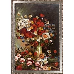 La Pastiche Vase with Poppies Cornflowers Peonies and Chrysanthemums with Versailles Silver Salon Frame, 28" x 40", Red