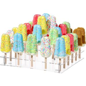 Gejoy Cakesicle Stand 3 Tiers Display Acrylic Ice Pop Stand Reusable Lollipop Holder with 50 Wood Ice Cream Sticks Phillips Screwdriver for Dessert Table Birthday Wedding Baby Shower Parties Brown