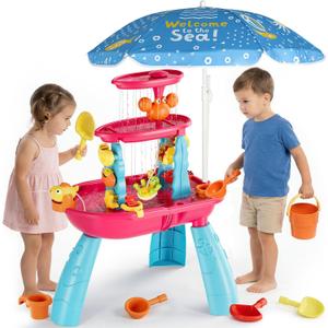 Kids Sand Water Table for Toddlers with Umbrella/Water Pumb, 3-Tier Outdoor Water Sand Play Table Beach Toys, Summer Splash Activity Sensory Table Party Birthday Gift for Kids 3 4 5 6 7 8(Red)