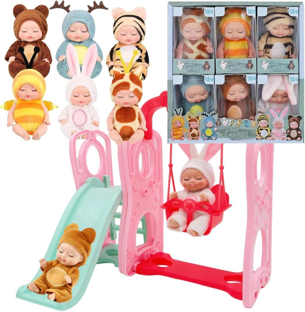6 Pcs Mini Baby Dolls Set 4 Inch Small Baby Dolls with Animal Clothes and Slide Swing Toys (Dolls C)