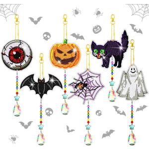 Tradder 6 Pcs Halloween Crafts for Adults Halloween Rhinestone Painting Ghost Wind Chimes Diamond Art Chimes 5d Resin Diamond Bell DIY Rhinestone Ornament for Indoor Outdoor Garden Decor