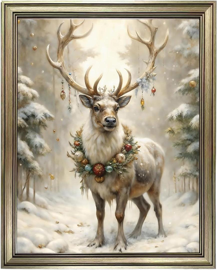 Vintage Framed Reindeer Wall Art Winter Canvas Print Home Decor Deer Picture Painting Christmas Decorations (10"L x 8"W)