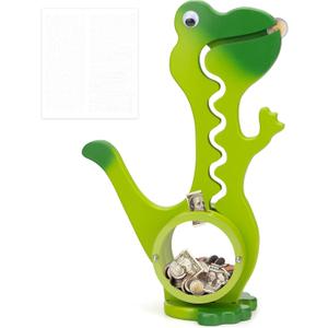 Wooden Dinosaur Piggy Bank for Boys Kids Girls Big Clear Animal Belly Coin Bank Toddler Real Money ToyDino-Green