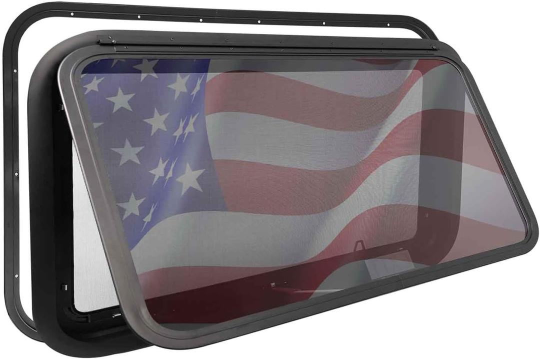 36"x20" RV Emergency Exit Window - DOT-Certified Tempered Glass, Security Lock, Waterproof Aluminum Frame w/Mesh Screen (Fits 1.57"-1.77" Walls, Complete Kit)
