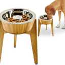 Slow Feeder Dog Bowls for Large Breeds - Bowl is 12-inch High with Stand - Elevated, Raised Bamboo-Stainless Steel Dish (Height: 12" Bowl: Width: 8")