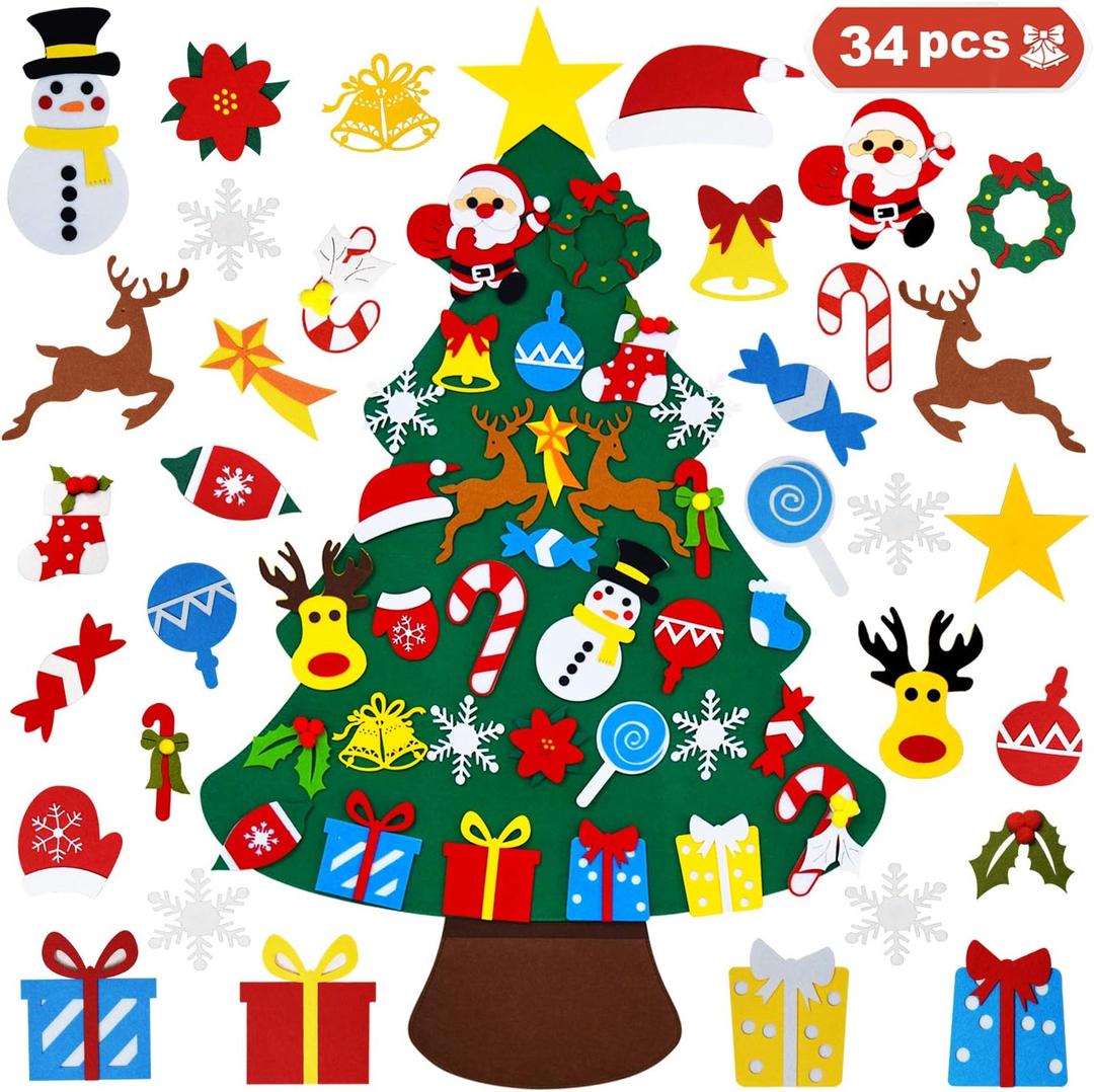 THAWAY DIY Felt Christmas Tree for Toddlers with 34 pcs Detachable Ornaments, Kids Door Wall Hanging Xmas Gifts Christmas Decorations
