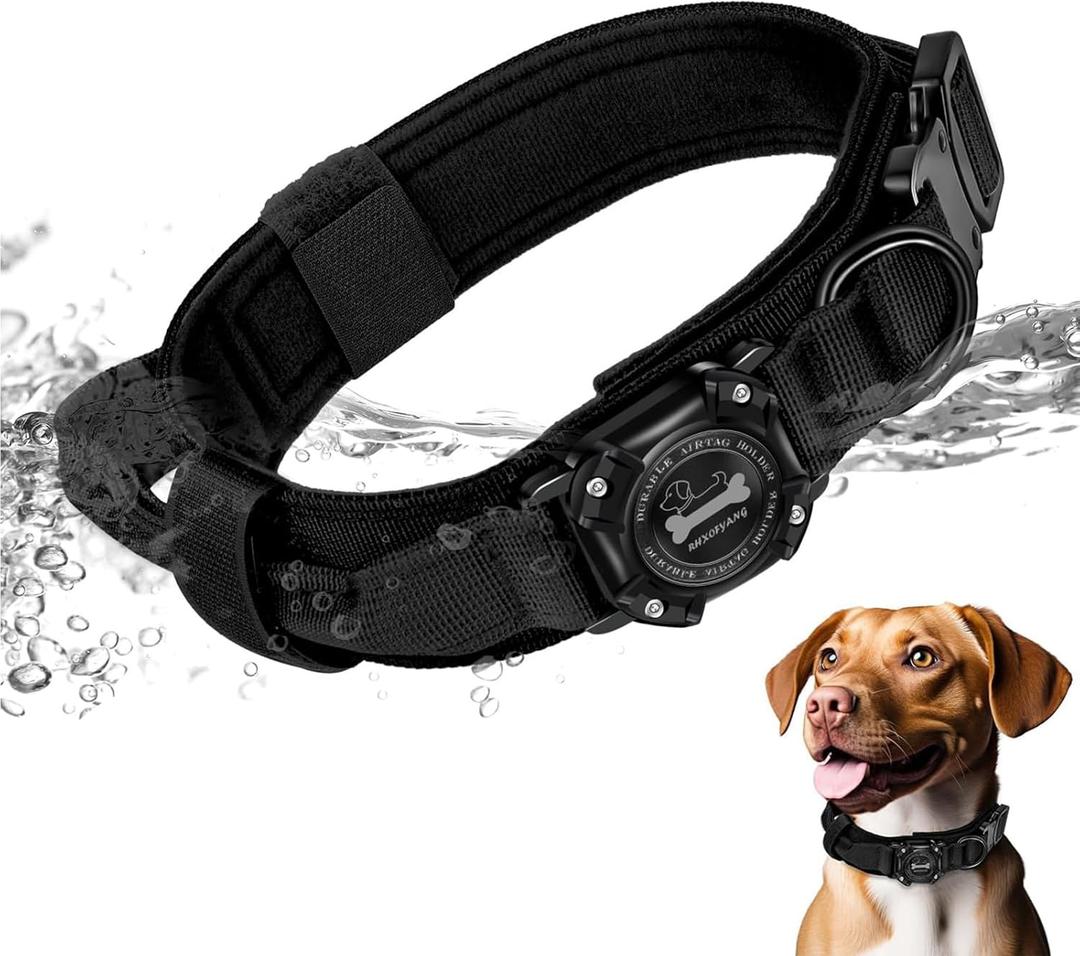 Dog Collar with Airtag Holder, Airtag Dog Collar IP68 Waterproof with Control Handle and Metal Buckle, Military Tactical Air Tag Dog Collar Holder for Medium Large Dogs(Black, M) (M(15in-18.5in))