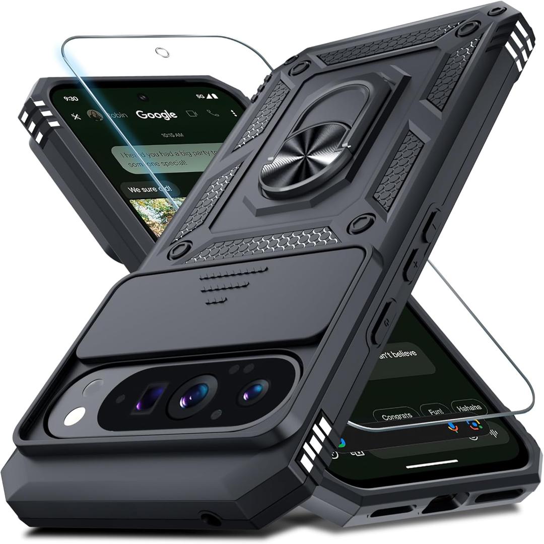 Janmitta Case Compatible with Google Pixel 10 Pro XL Built in Slide Camera Lens Cover+Screen Protector+Finger Ring Holder Kickstand,Heavy Duty Shockproof Full Body Protective Phone Cover,Black