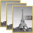upsimples 12x16 Picture Frame Gold 3 Pack, Scratch-Proof Poster Frames 12 x 16 for Photo Gallery - Slide-in Strips, Horizontal or Vertical Wall Mounting