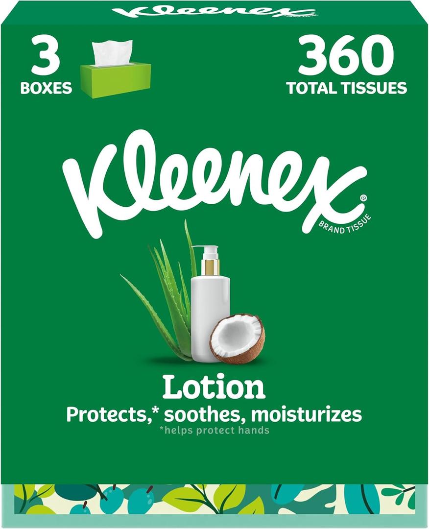 Kleenex Lotion Facial Tissues with Coconut Oil, 3 Flat Boxes, 120 Tissues Per Box, 3-Ply (White)