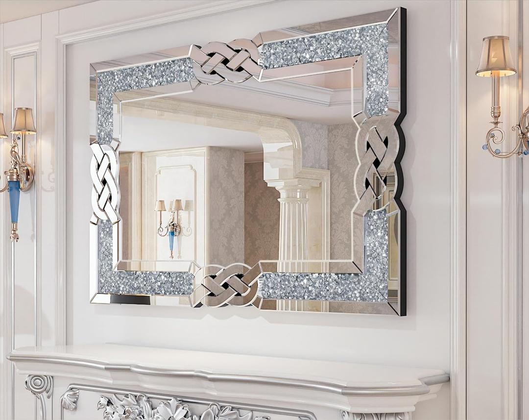 Crushed Diamond Wall Mirror: 36 x 24 inch Rectangular Glass Silver Vanity with Decorative Glam Bling Crystal Frame Edge, Funcky Home Art Decor for Livingroom Dining Room Bathroom