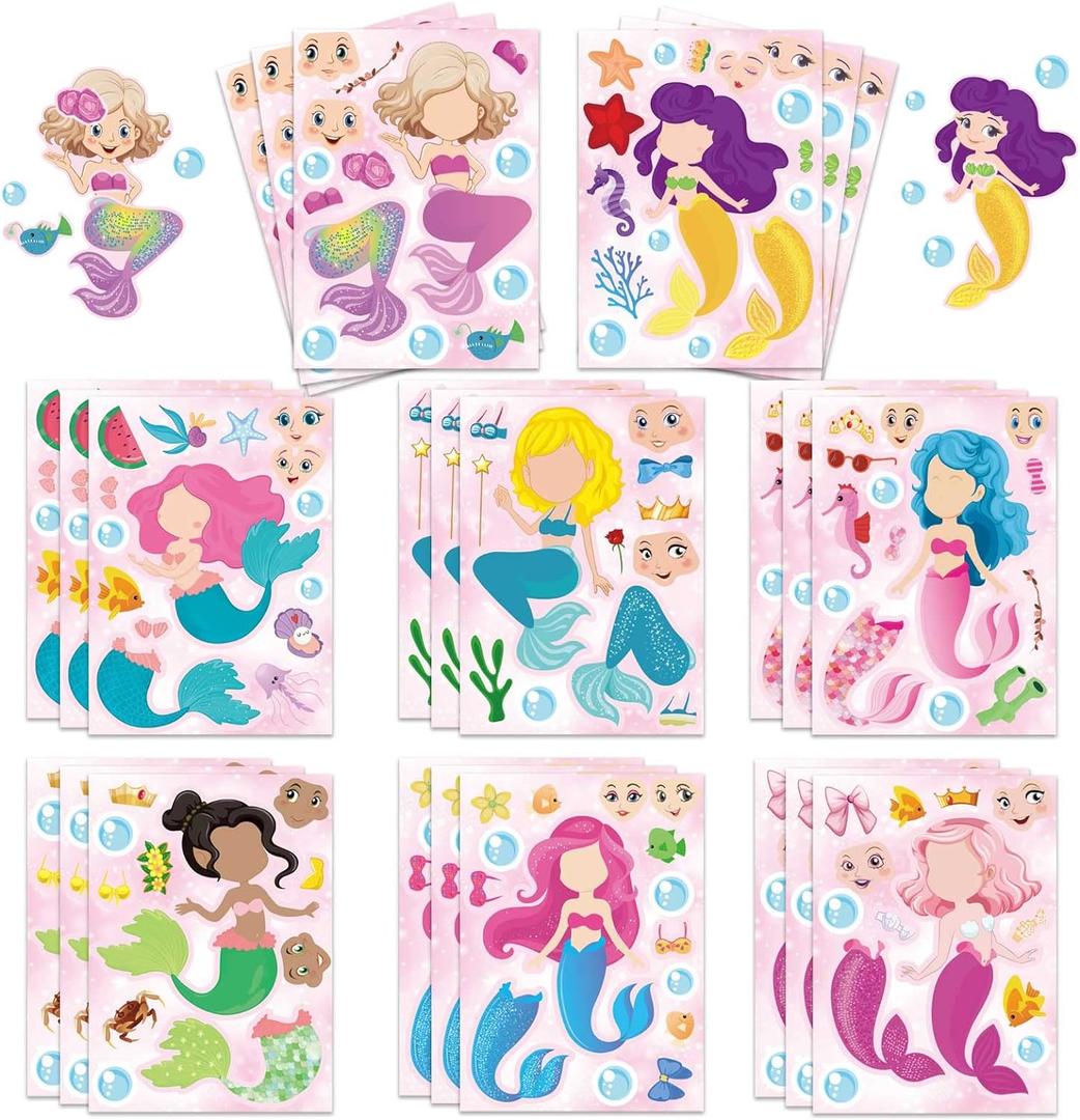 24 Sheets Mermaid Stickers Make Your Own Stickers Party Favors Mermaid Make A Face Sticker for Kids Party Favors,Classroom Teacher Rewards, Art Craft Supplies