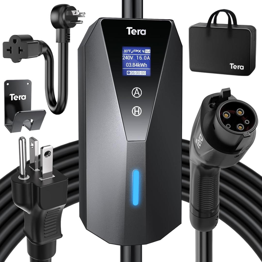 Tera Electric Vehicle Charger Portable: Level 2 & 1 J1772 16A 8A 110V 240V ETL NEMA 6-20 Plug Indoor & Outdoor EV Charging Station with NEMA 5-15 Adapter Cord 23FT Cable B08 (Black)