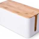 Large Cable Management Box – Wooden Style Cord Organizer and Cover for TV Wires, Computer, Router, USB Hub and Under Desk Power Strip – Safe ABS Material and Baby-Pets Proof Lock (White)