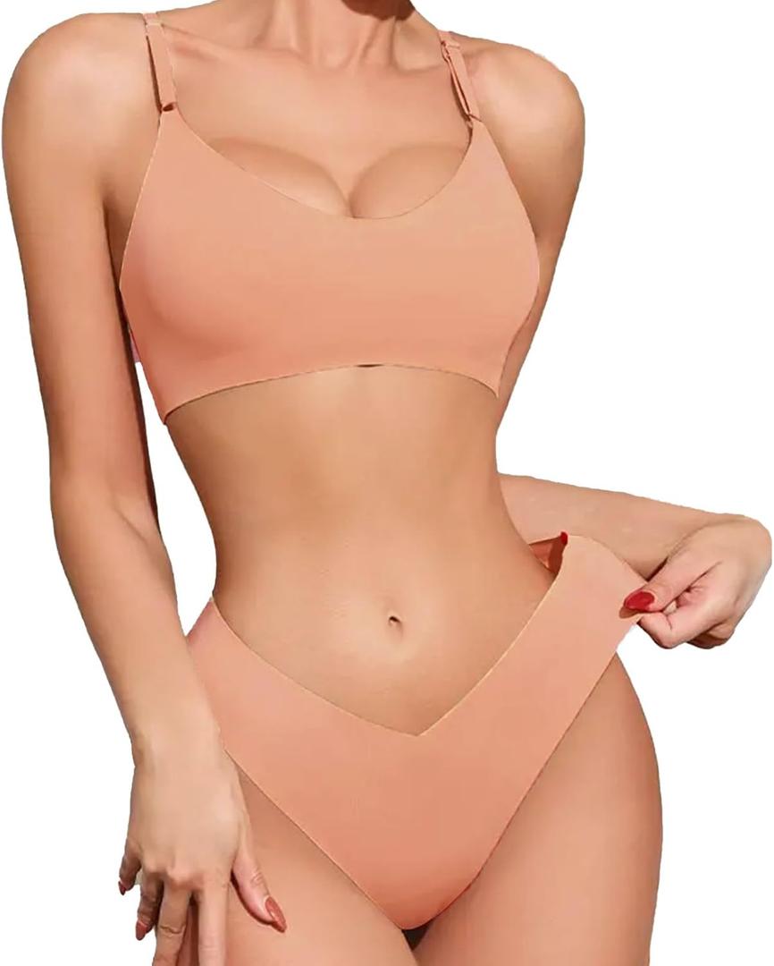 FGZ Bra and Panty Sets for Women Seamless Bralettes Lingerie Sexy Sets Comfortable Sports V Neck Bras Panty Thongs Sets (Beige, L)