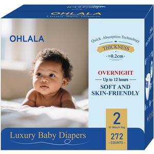 OHLALA Luxury Diapers Size 2 Hypoallergenic | Skin-Friendly & Leakproof | Fragrance-Free | Ultra-Thin | 4 Pack 272counts | 12-18 lbs