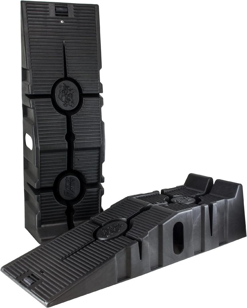 FloTool 11909ABMI RhinoRamp Vehicle Ramp Pair - Ideal for Stress-Free Home Garage Maintenance - Reduces Slippage - Works with Low Clearance Vehicles - 12,000lb GVW Capacity - Extra-Wide Design, Car Ramps Wheel Chock Bundle