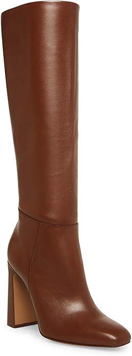 Coutgo Women's Chunky Heeled Knee High Boots Classic Leather Square Toe Zippered Tall Boot, Dark Brown, Size 8