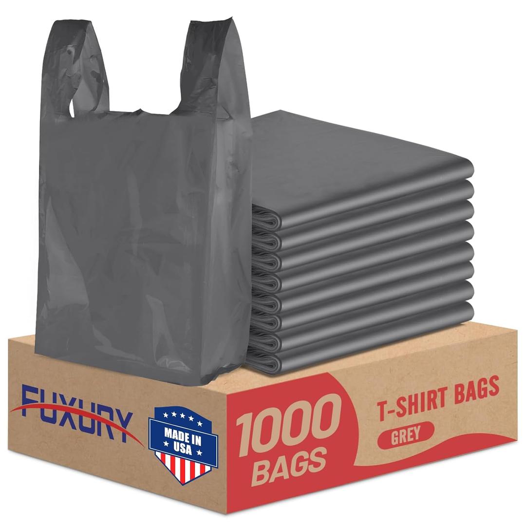 Fuxury 1000 Count Plastic Tshirt Bags Grey (11.5" x 6.5" x 21"), Grocery, Trash, Take Out, To Go, Restaurants, Retail Shopping Bags in Bulk for Small Business (Made in USA)