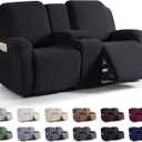KinCam Loveseat Recliner Covers with Middle Console Slipcover, Recliner Sofa Covers 2 Seat Couch Cover Stripe Jacquard Furniture Protector Covers with Elastic Bottom for Kids, Pets (Black)