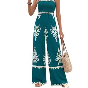 PRETTYGARDEN Women's Summer Boho Jumpsuits One Piece Beach Vacation Outfits Spaghetti Strap Wide Leg Pants Rompers Size S