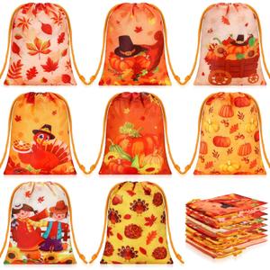 Honoson 24 Pieces Thanksgiving Gift Bags Fall Thanksgiving Party Favor Pumpkin Turkey Maple Leaves Candy Goodies Treat Bag for Fall Harvest Party Supplies
