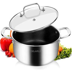 DELARLO Tri-Ply Stainless Steel Stock Pot, 5QT Non Stick Pots, Induction Ready, Cooking Pots with Lids, Stockpot 600 Oven Safe, 18/8 Food Grade Cookware, Soup Pot, Energy Saving, Lids 350