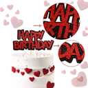 Ercadio 1 Pack Double Layers Happy Birthday Cake Topper Black and Red Glitter Celebrating Birthday Cake Pick Baby Shower Kids Birthday Party Horror Theme Decorations Supplies, 1 Count
