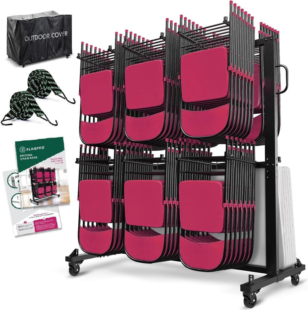 Folding Chair Rack Cart - Storage Dolly With Wheels, Heavy Duty Holder for 84 Chairs or 12 Tables of 900 LBS Capacity - Includes Outdoor Cover Folding Chair Rack Cart - Storage Dolly With Wheels, Heavy Duty Holder for 84 Chairs or 12 Tables of 900 LBS Capacity - Includes Outdoor Cover