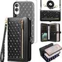 Phone Case for Samsung Galaxy S25 Edge 5G Zipper Wallet Detachable Cover with Screen Protector Crossbody Lanyard Strap Bling Credit Card Holder Slots S25Edge 25S S 25 25Edge 2025 Women Girls, Black