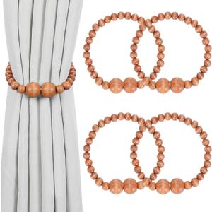 Magnetic Curtain Tiebacks, 4 Pack Curtain Holdbacks for Draperies, Wood Bead Curtain Tiebacks, Curtain Tie Backs for Bedroom Decor, Boho Room Decor, Nursery Decor, Farmhouse Decor, Office Decor