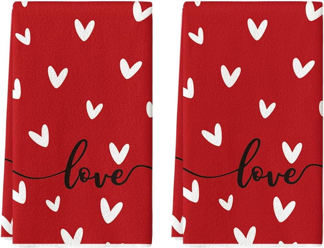 Artoid Mode Red Love Heart Kitchen Towels Dish Towels, 18x26 Inch Wedding Farmhouse Decoration Hand Towels Set of 2