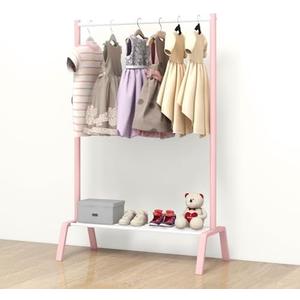 STWWO Kids Clothing Rack, Metal Dress Up Storage, Kids Costume Rack with Storage Shelf, Toddler Clothing Rack Organizer, Pink&White