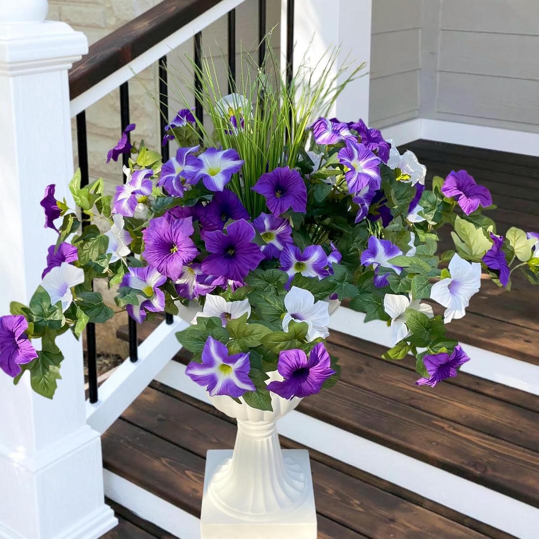 Artificial Petunias Flowers Faux Spring Plants for Outdoor Porch Planter, UV Resistant Look Real Faux Silk Purple Morning Glory Hanging Vines for Outside Front Door Patio Decoration, 8 Bundles