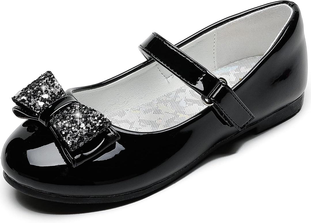 Toddler Girls Dress Shoes - Black Floral Mary Jane Flats for Girls - Water Resistant - All Seasons - Casual - Wedding, Dance, Daily Wear