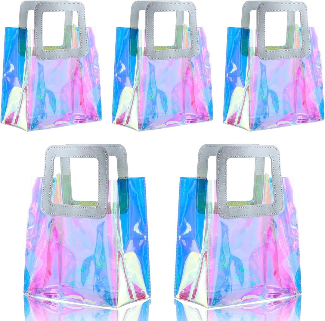 GcFoir 5 Pcs Reusable Holographic Small Gift Bags with Handle 8.3''x8''x4'' Iridescent Bachelorette Party Favor Bags Clear PVC Tote Goodie Bags for Shopping, Picnic, Baby Shower, Wedding, Holidays