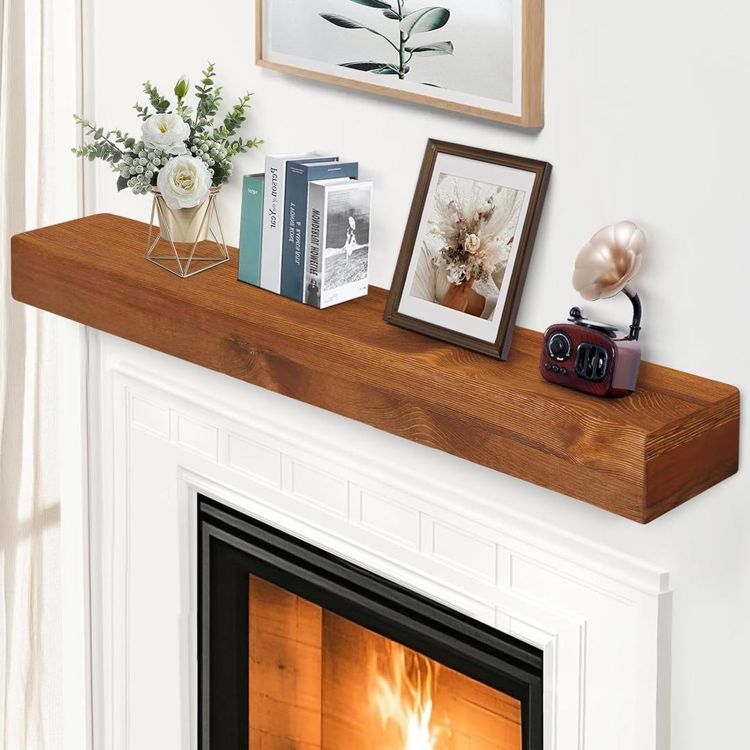 G GOOD GAIN Fireplace Mantel 60inch - Handmade Rustic Wood Mantel for Over Fireplace | Wall Mounted Floating Mantle Shelves for Living Room Decor(NormalWalnut, 60Lx5Hx8D)