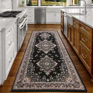 HOMORE Vintage Runner Rug-2x6 Hallway Runner Rug for Entryway Non Slip Washable Bedroom Rug Faux Wool Low Pile Floor Carpet Runner for Kitchen Indoor Front Entrance Laundry Living Room Dorm, Black