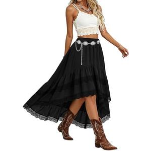 Women's Western Boho High Waist Lace Trim Skirt Asymmetrical Tiered Cowgirl Midi Skirt for Country Concert Music Festival, Size XL