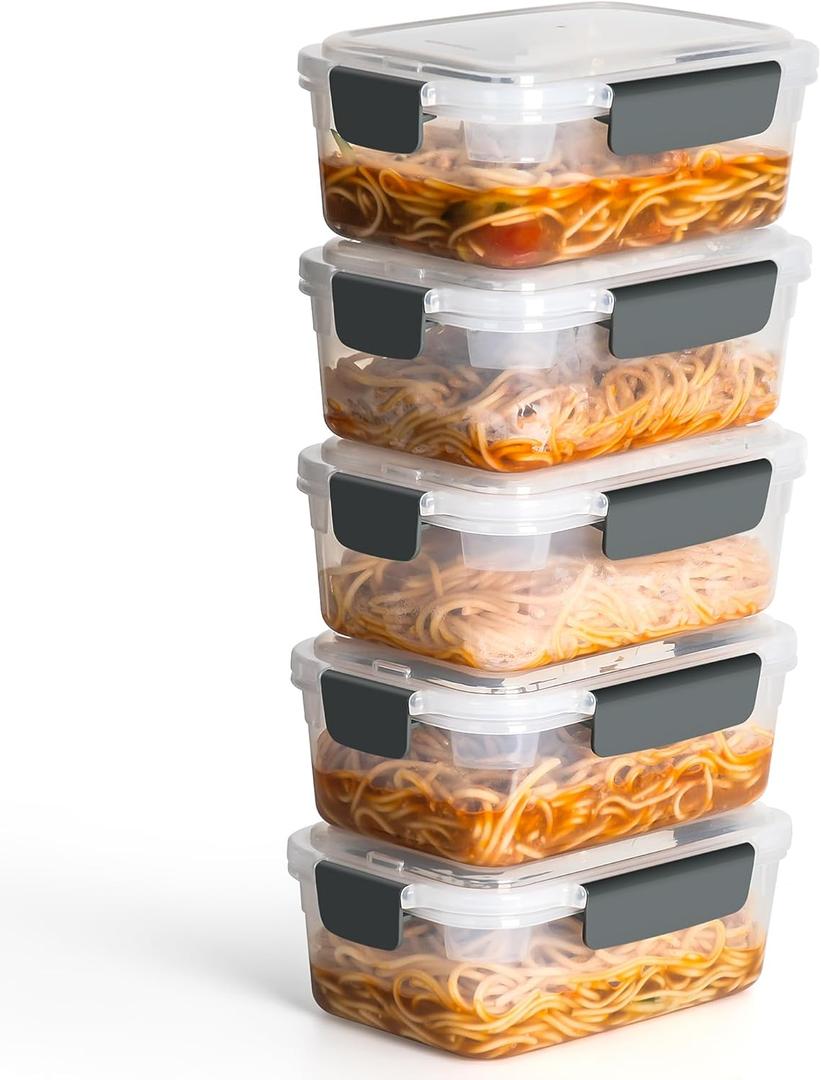 YORY 5 cup Plastic Food Storage Containers with Lids Nestable Freezer Dishwasher Safe Rectangle Meal Prep Container Set,5-Pack, Transparent