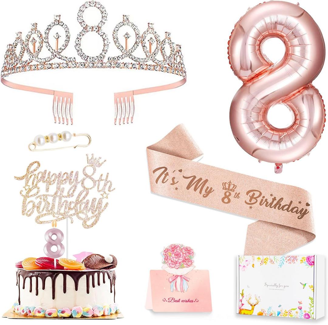 8th Birthday Decorations for Girls, Including 8 year old Birthday Cake Topper, Queen Sash with Pearl Pin, Sweet Rhinestone Tiara Crown, Number Candles and Balloons Set, Rose Gold