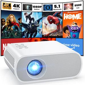 HOMPOW Projector, Native 1080P Full HD Bluetooth Projector with Speaker, 9500 Lumens Outdoor Portable Movie Mini Projector Compatible with Laptop, Smartphone, TV Stick, Xbox, PS5