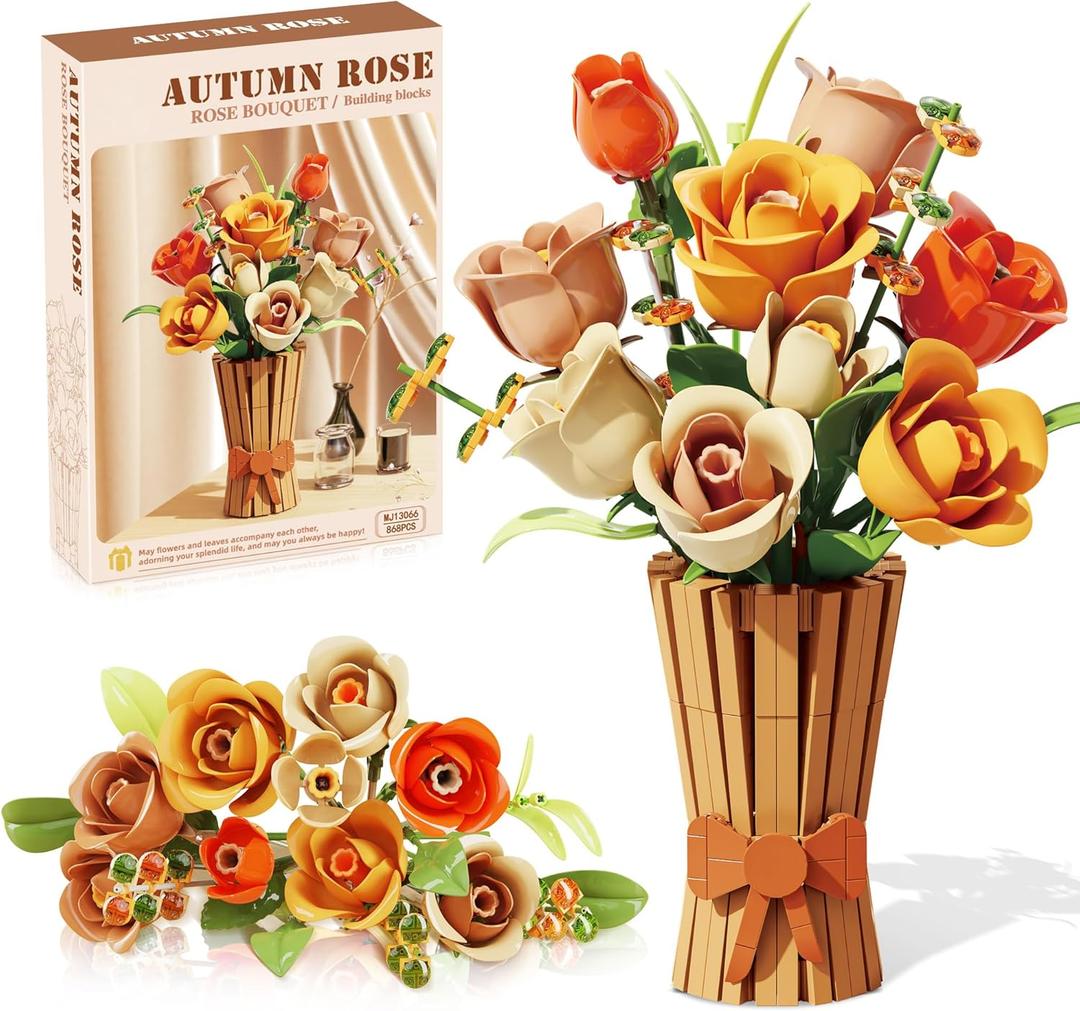 Flowers Set with Vase for Adults Compatible with Lego Flowers, Icon Roses Bouquet Botanical Collection Kits Artificial Flower Set, Valentines Day Gifts for Her Him Kids 14+, Home Office Decorations