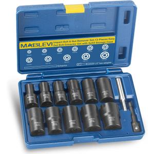 MABLEVI 13 PCS Bolt Extractor Set, 1/2" Drive Impact Lug Nut Remover Socket Tool with Center Punch Bar for Damaged, Frozen, Studs, Rusted, Rounded-Off Bolts & Screws