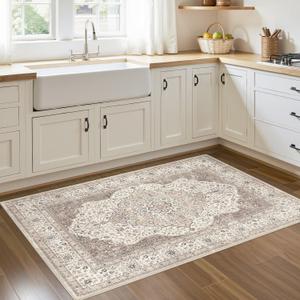 3x5 Washable Entryway Rug: Non-Slip Soft Indoor Throw Area Rug for Living Room Bedroom Kitchen, Boho Floral Distressed Durable Carpet for Hallway Bathroom Laundry Home Decor (Brown/Beige)