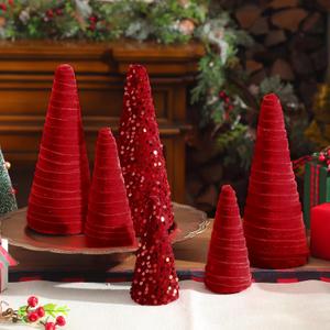 Syhood 6 Pcs Christmas Velvet Trees Set Modern Winter Tree Decorations, Christmas Home Decor, Rustic Winter Indoor, Minimalist Decor, Farmhouse Home Decoration(Red)