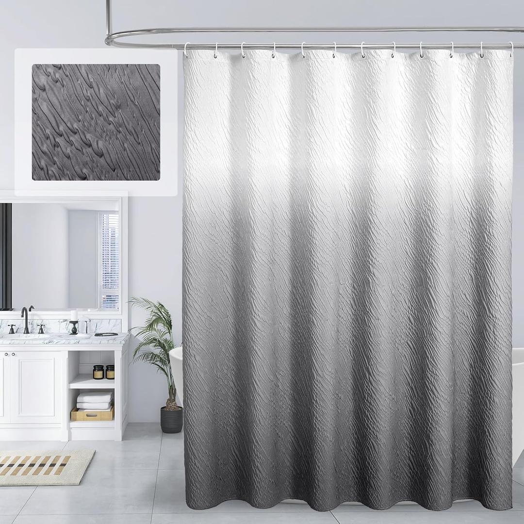 MitoVilla Grey Ombre Shower Curtain, Farmhouse Waves Fabric Shower Curtains for Modern Hotel Bathroom Decor, 3D Geometric Embossed Textured, Waterproof & Wrinkle Resistant, 72 x 72