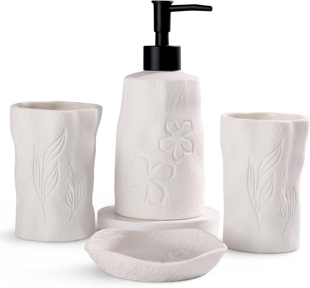 INGOFIN Bathroom Accessories Set 4 PCS, White Embossed Design for Home and Hotel, Farmhouse Decor, Contain Toothbrush Cup Soap Dispenser & Dish Tumbler White