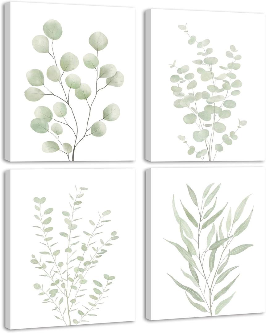 KUVIOKE Botanical Framed Boho Wall Art Bathroom Plants Wall Decor Green Sage Eucalyptus Leaf Prints Minimalist Aesthetic Ready to Hang Set of 4, 8x10 in (Framed)